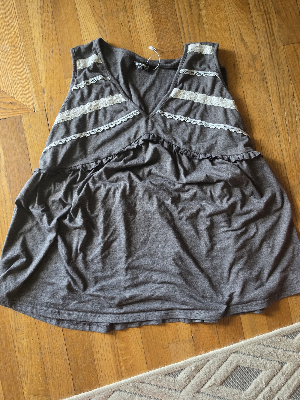 BloomChic Gray Tank Top with Cream Lace Trim